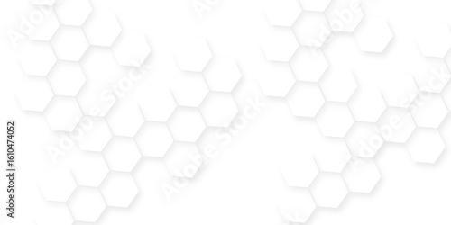 White hexagonal shapes arranged in a honeycomb structure, Abstract white hexagonal shapes on a light grey background.