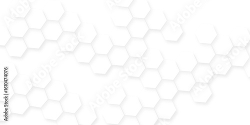 White hexagonal shapes arranged in a honeycomb structure, Abstract white hexagonal shapes on a light grey background.