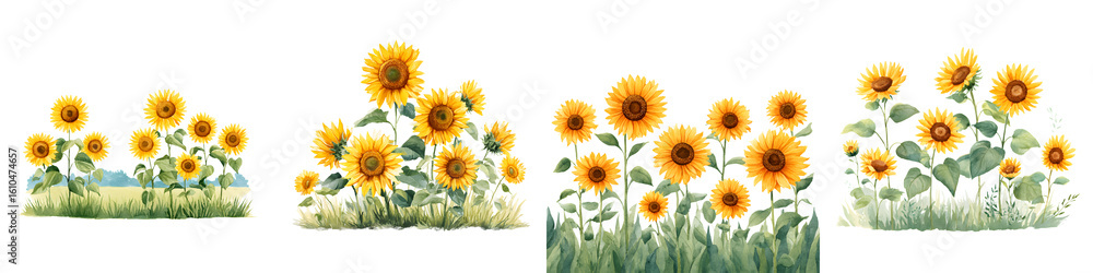 Fototapeta premium Watercolor Sunflowers in Grass Borders Collection