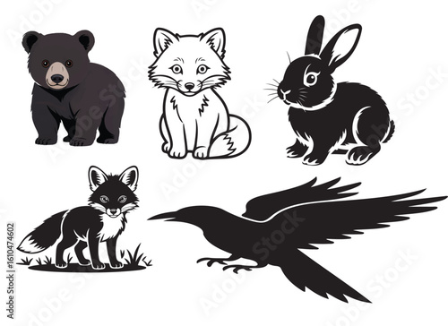 Illustrations of bear fox rabbit and crow animals
