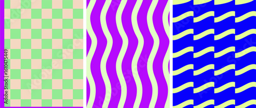 A set of three bold, colorful, retro geometric patterns for backgrounds and design.