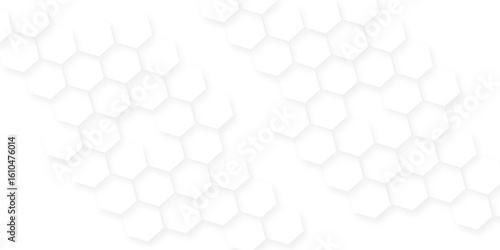 Featuring interlocking hexagons in shades of white with subtle variations, Futuristic abstract honeycomb mosaic white hexagon background.