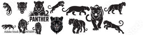 Collection of black panther illustrations in various poses and graphic representations style art design