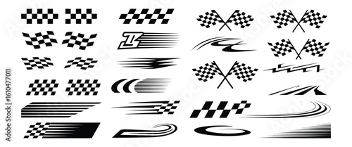  Racing Car Stripes with Dynamic Motion Lines, Finish Swooshes, and Checkered Flags for Speed-Inspired Auto Graphics, Vector Competition Decals, and Track Design Themes

