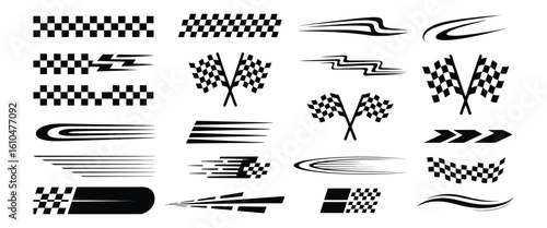  Racing Stripe Collection,  Vector Motion Lines, Checkered Flag Accents, and Finish Swooshes for Dynamic Motorsport Art, Car Tuning Projects, and Competition Themes

