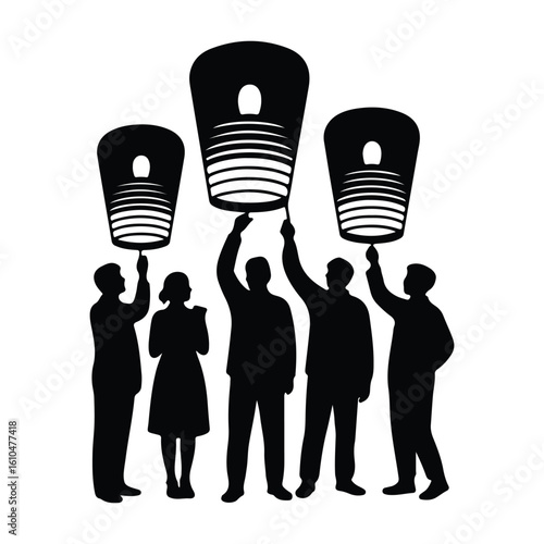 Five people silhouettes holding sky lanterns group