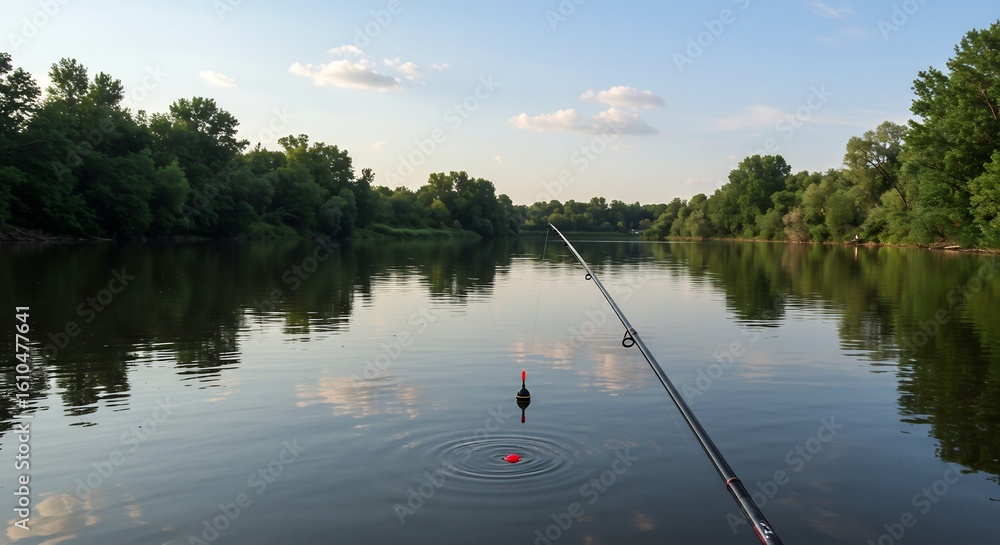 Fototapeta premium A fishing rod with a bobber floats in a tranquil river, surrounded by lush green trees and a clear sky.