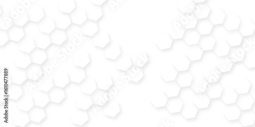 A pattern of white hexagon shapes arranged subtle shadows that create a three-dimensional, layered effect, the geometric repetition and depth of the hexagonal grid.