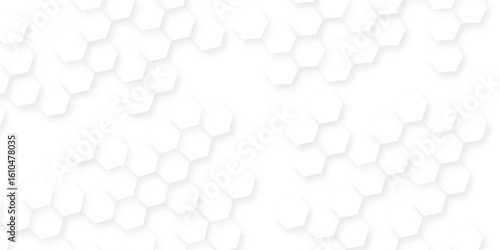 A pattern of white hexagon shapes arranged subtle shadows that create a three-dimensional, layered effect, the geometric repetition and depth of the hexagonal grid.