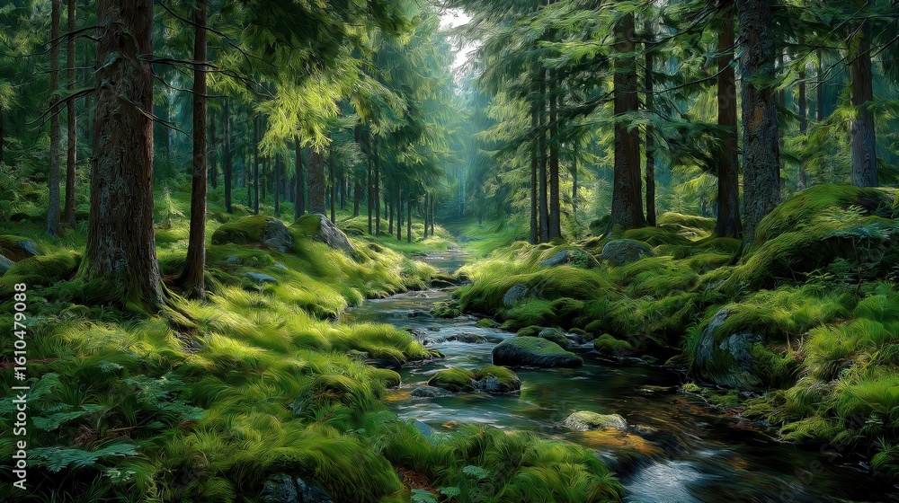 Obraz premium Lush Green Forest with Stream Sunlight Filtering Through Tall Trees Nature Scene