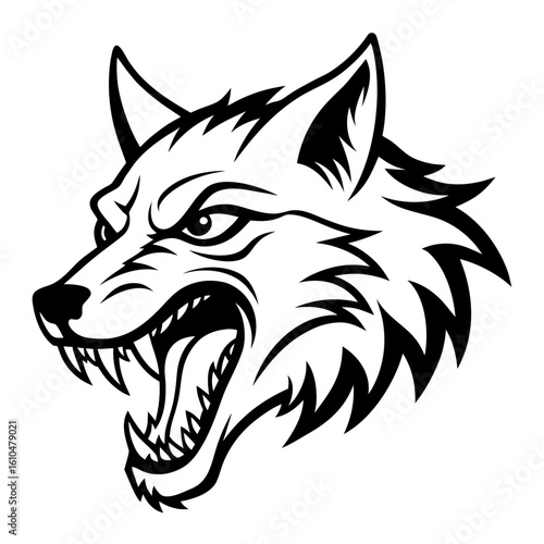 A ferocious wolf head with an open mouth and sharp teeth, displaying its predatory nature, isolated on white background