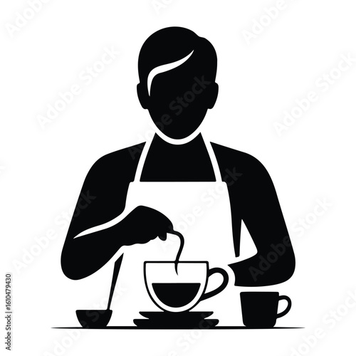 Person stirring coffee in a cup with apron vector