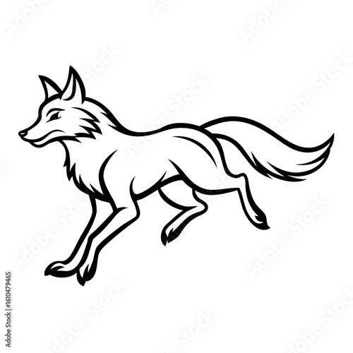 A wolf runs swiftly across the frame, isolated on white background