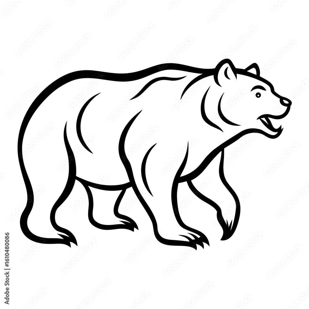 Obraz premium A black and white outline of a bear walking with its mouth open isolated on white background
