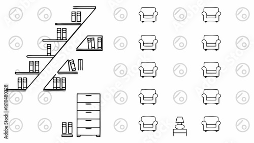Illustration of a bookshelf on a wall with armchairs and a chest of drawers in a room interior design