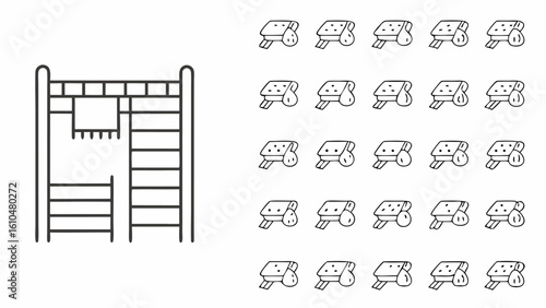 Illustration showing a climbing frame and multiple sponge and soap icons arranged in a grid pattern