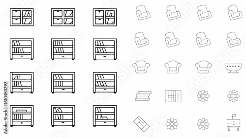 Illustration of furniture including bookshelves armchairs flowers and tables in a line art style design