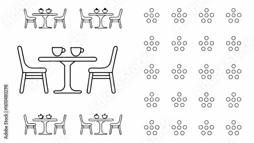 Illustration of tables with chairs and cups and multiple arrangements of small circles