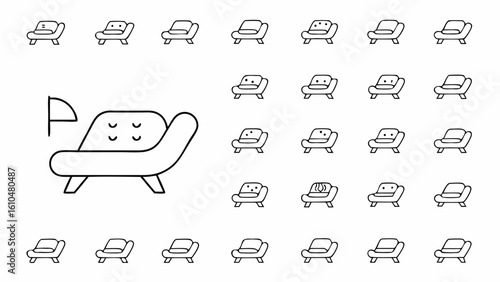 Collection of simple line art drawings of a modern style chair in various positions and orientations