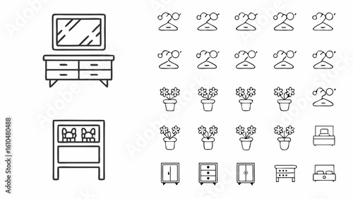 Illustration of furniture including dressers, beds, flower pots and clothes hangers arranged in a grid