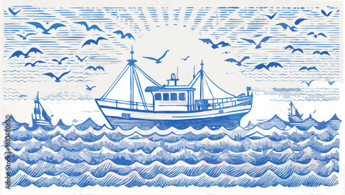 Illustration of a fishing boat at sea with seagulls flying under the sun and other boats afar