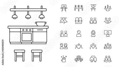 Illustration showing kitchen counter with stools and various icons including people and furniture items