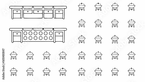 Illustration of kitchen counters with drawers and a pattern of small grill icons arranged neatly