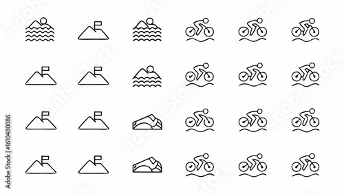 Illustration showing mountains with flags, water with sun, rock climbing and cyclists on water waves design