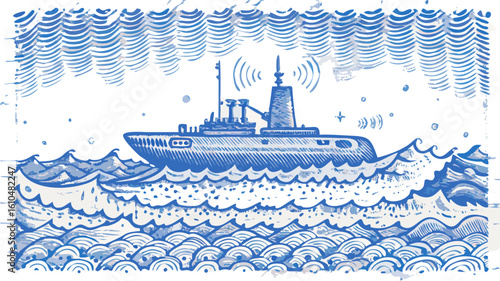 Blue submarine sailing on wavy sea under stylized sky with antenna signals and stars illustration