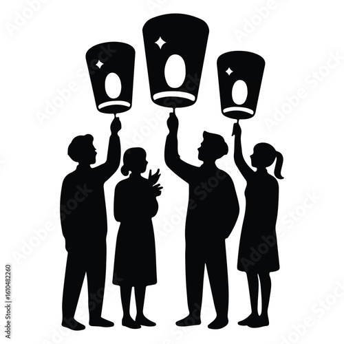 Silhouettes of people holding sky lanterns vector
