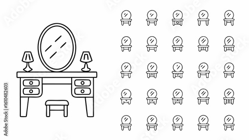 Illustration of a dressing table with an oval mirror and lamps and multiple small vanity tables