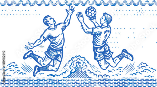 Two players in mid air reaching for a soccer ball with ocean waves in the background in blue ink