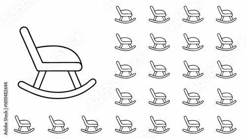 Rocking chairs in a pattern with one large chair to the left outlined in black on a white background