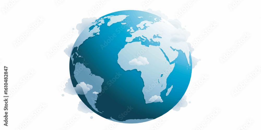 Fototapeta premium Stylized vector illustration of planet Earth, showing continents with soft green and blue gradients, surrounded by atmosphere glow