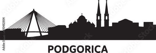Podgorica Skyline Silhouette Millennium Bridge Orthodox Cathedral Montenegrin Capital Vector on White Background