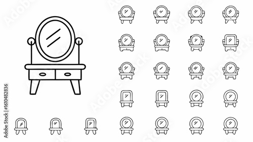 Illustration of a vanity table with oval mirror and multiple smaller mirror icons arranged on white