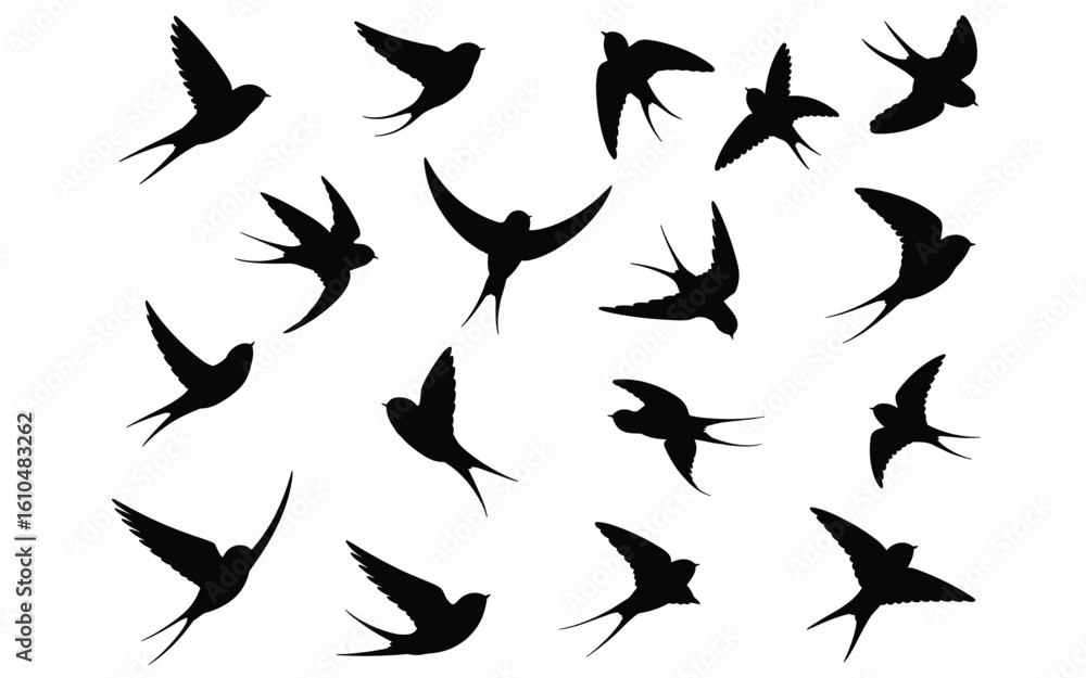 Fototapeta premium Swallow Silhouette Vector Set – Elegant Bird Icons in Diverse Flying Poses