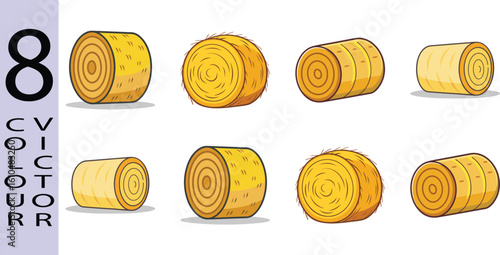 Eight Colorful Hay Bale Illustrations: Cartoon Style, Rustic Farm Theme, Vector Graphics.