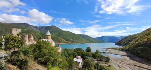 Panoramic view on the Aragvi River from Ananuri Fortress Complex, Georgia