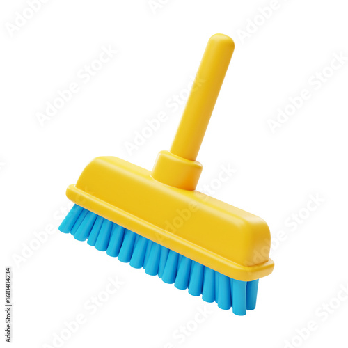 A bright yellow cleaning brush with blue bristles, angled against a white background.