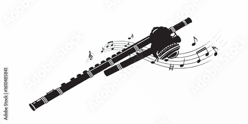 Elegant black and white vector illustration of a traditional Indian flute (bansuri) in silhouette style