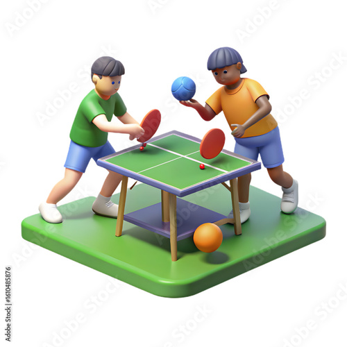 Stylized Kids Playing Table Tennis Game on Green Field