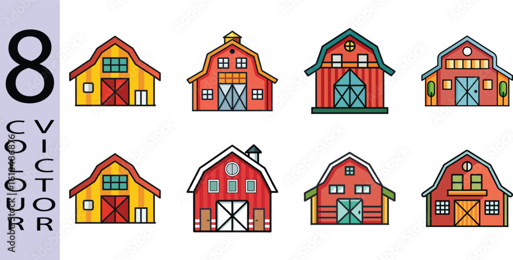 Fototapeta premium Eight Colorful Vector Illustrations of Rustic Barns: Farm, Rural, Countryside, Cartoon Style