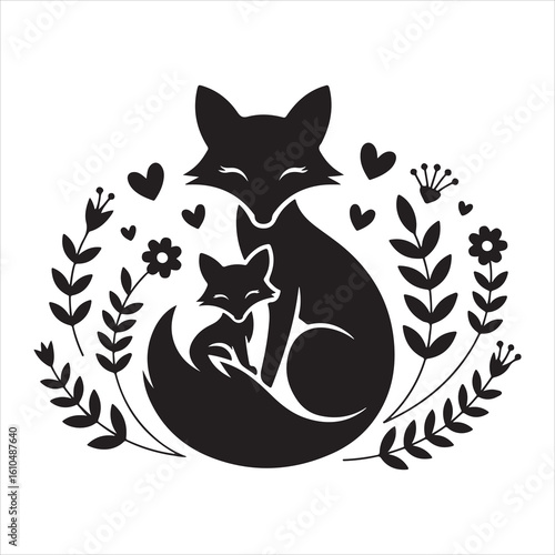 Stylized black silhouette of a mother fox and cub surrounded by floral elements