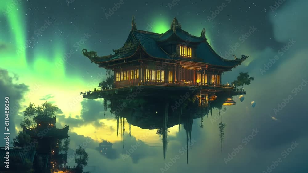 A whimsical floating house under a vibrant aurora in a magical night sky. A whimsical floating house under a vibrant aurora in a magical night sky.