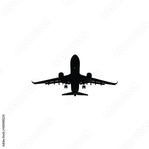 Black silhouette of a modern jet airplane with landing gear down aircraft aviation