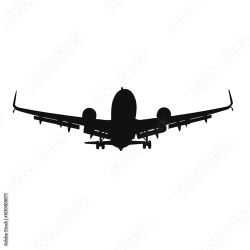 Black silhouette of a passenger jet airplane with extended landing gear aircraft aviation