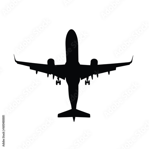 Black silhouette of a passenger jet airplane with landing gear down aircraft aviation