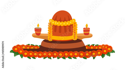 Shiva lingam hindu god worship with flowers and candles for shivratri festival celebration vector art