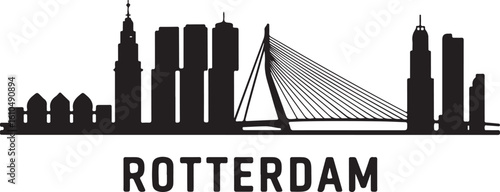 Rotterdam Skyline Silhouette Erasmus Bridge Cube Houses Dutch Modern Architecture Vector in Black